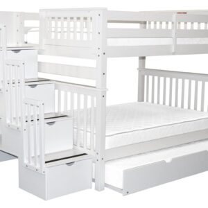 Bedz King Stairway Bunk Beds Full over Full with 4 Drawers in the Steps and a Twin Trundle, White