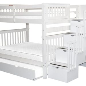 Bedz King Stairway Bunk Beds Full over Full with 4 Drawers in the Steps and a Twin Trundle, White