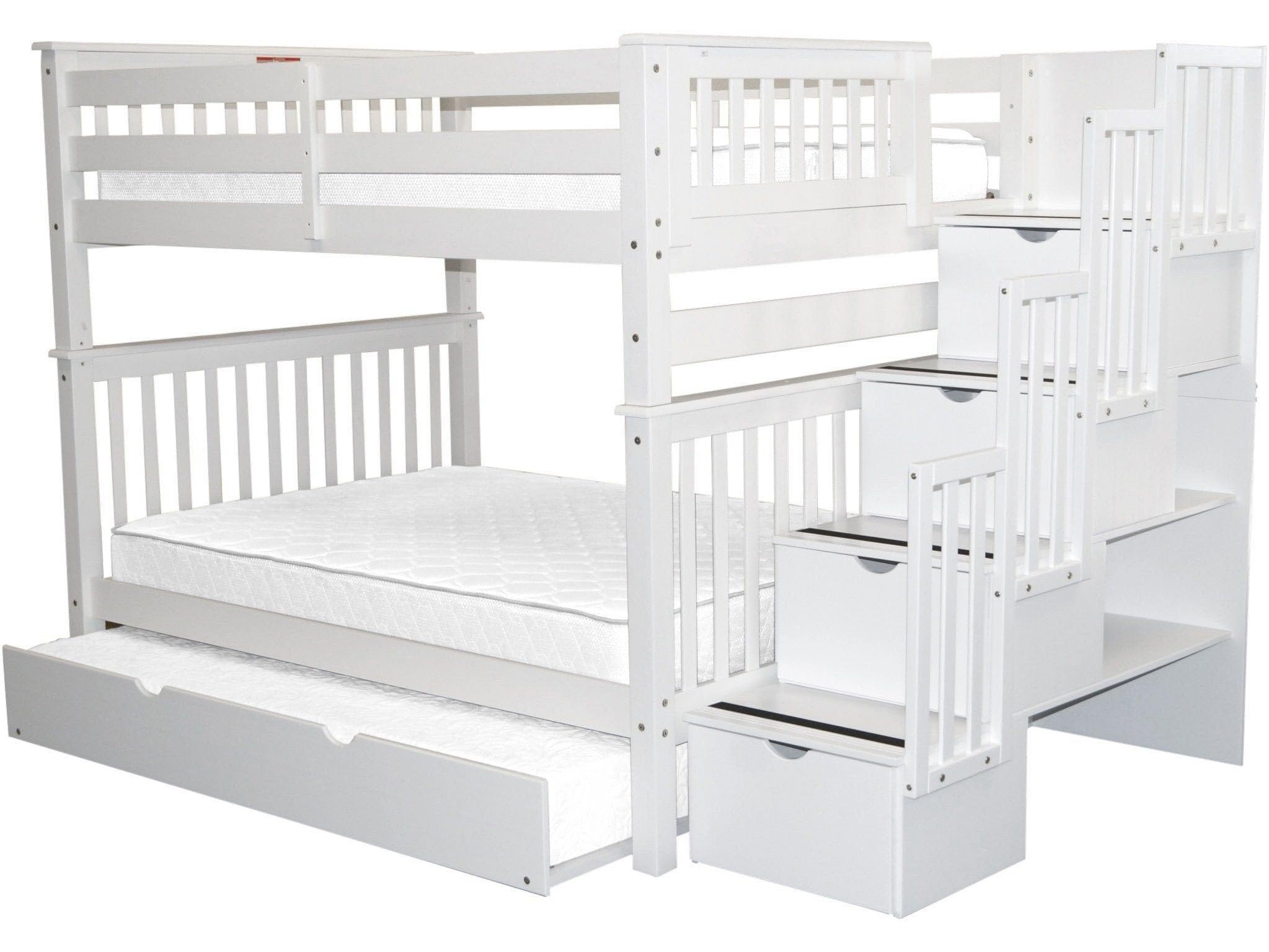 Bedz King Stairway Bunk Beds Full over Full with 4 Drawers in the Steps and a Twin Trundle, White