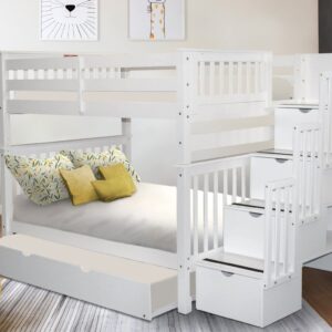 Bedz King Stairway Bunk Beds Full over Full with 4 Drawers in the Steps and a Twin Trundle, White