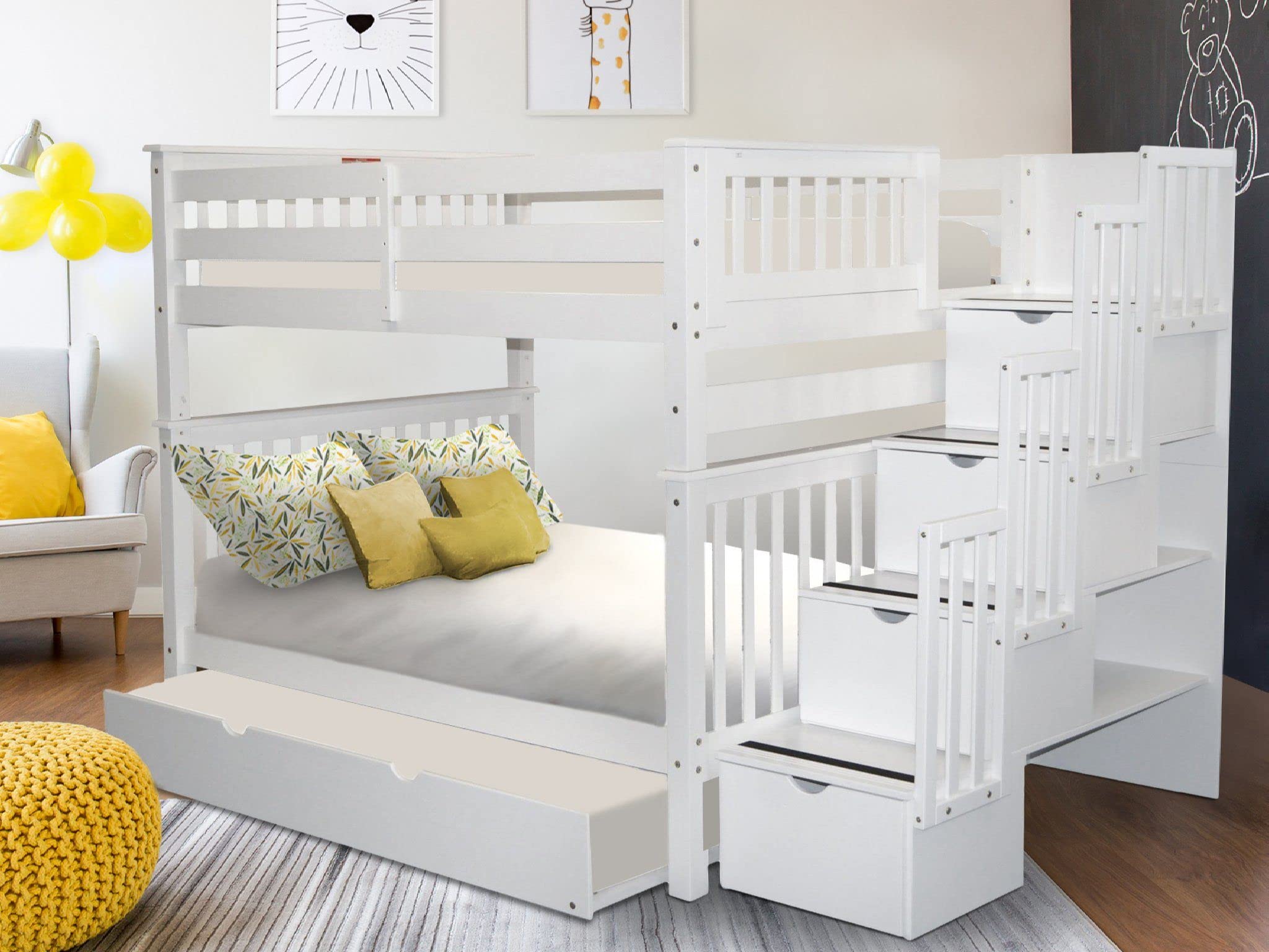 Bedz King Stairway Bunk Beds Full over Full with 4 Drawers in the Steps and a Twin Trundle, White