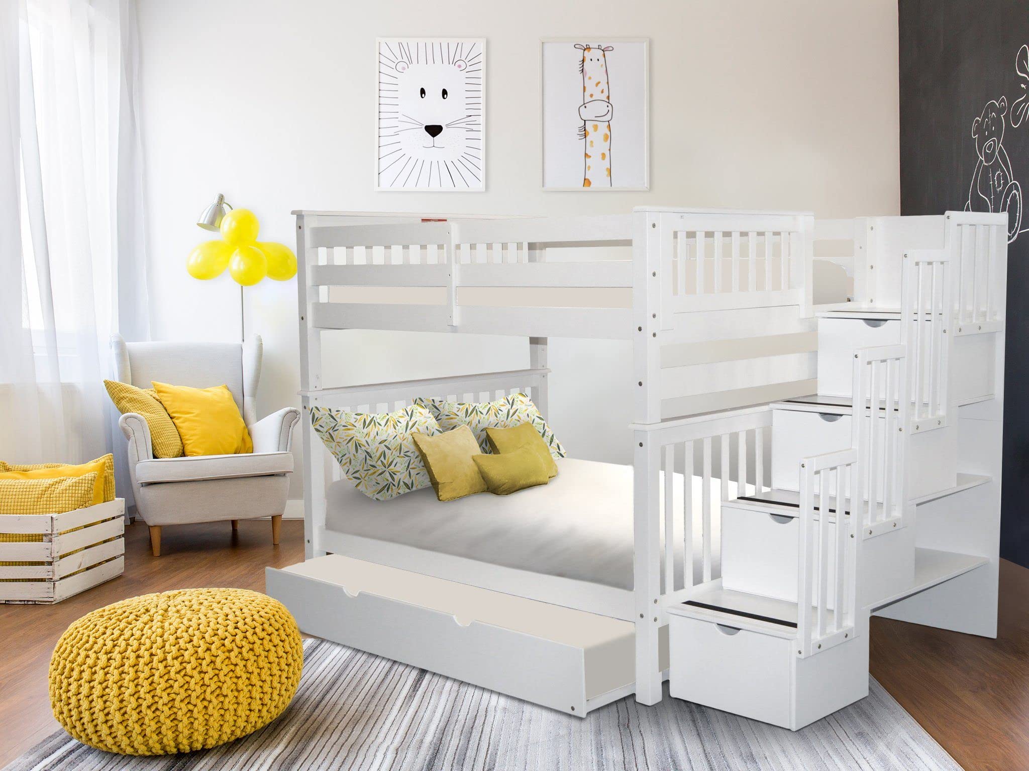 Bedz King Stairway Bunk Beds Full over Full with 4 Drawers in the Steps and a Twin Trundle, White