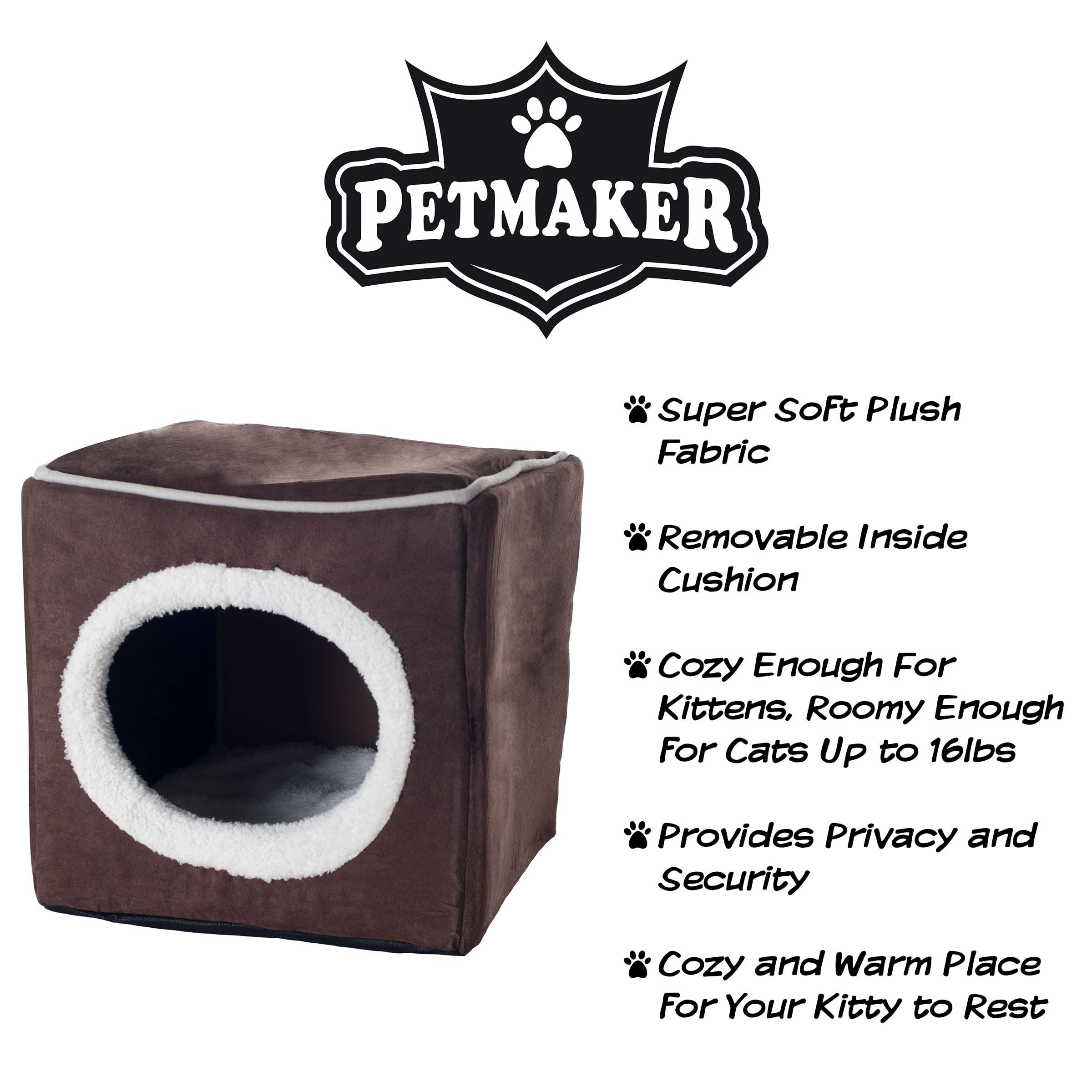 Cat House - Indoor Bed with Removable Foam Cushion - Cat Cave for Puppies, Rabbits, Guinea Pigs, and Other Small Animals by PETMAKER (Dark Brown) 13x13.5x12"