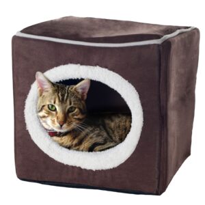 cat house - indoor bed with removable foam cushion - cat cave for puppies, rabbits, guinea pigs, and other small animals by petmaker (dark brown) 13x13.5x12"