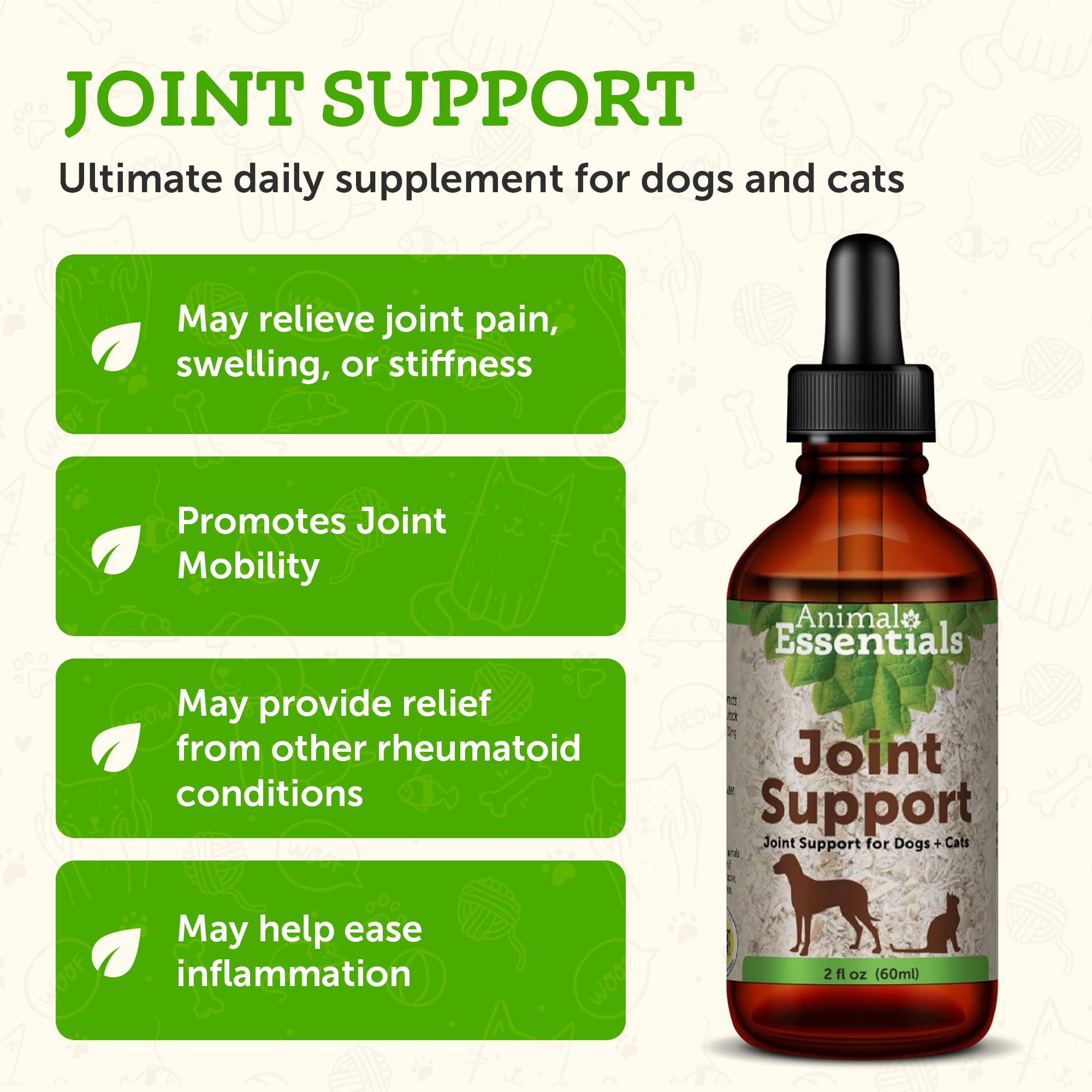 Animal Essentials Joint Support for Dogs & Cats- Joint Supplement, Liquid Joint Formula, Glucosamine, Organic Herbs, Veterinarian Recommended- 2 Fl Oz