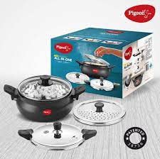 Pigeon 5.3 Quart All-In-One Super Cooker - Steamer, Cooking Pot, Pressure Cooker, Dutch Oven - For All Cooktops - Quick Cooking of Meat, Soup, Rice, Beans, Idli & more, Hard Anodized, (5 Liters)