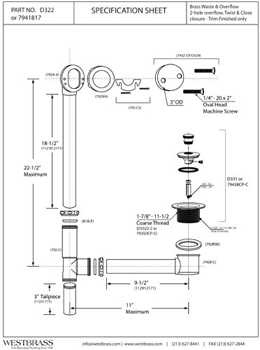 Westbrass 22-1/2" Brass Twist & Close Bath Waste & Overflow with 2-Hole Faceplate, Matte Black, D322-62