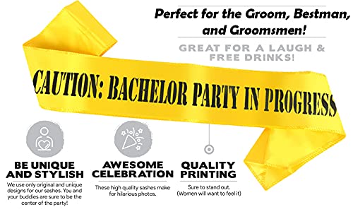 Brosash "Caution: Bachelor Party in Progress" Bachelor Party Sash Wedding Party Groom to Be Ideas Gifts Joke Favors Party Supplies Decorations Decor Wedding Shower Bride Engagement Men Bridal Black