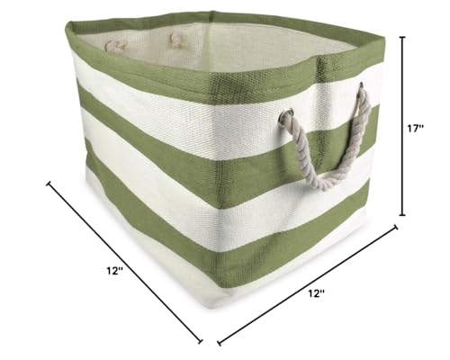 DII Durable Woven Striped Storage Bin Collapsible with Soft Rope Handles Reinforced with Metal Grommets, Large, 17x12x12", Olive Green