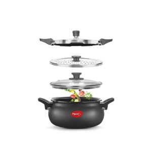 pigeon 5.3 quart all-in-one super cooker - steamer, cooking pot, pressure cooker, dutch oven - for all cooktops - quick cooking of meat, soup, rice, beans, idli & more, hard anodized, (5 liters)