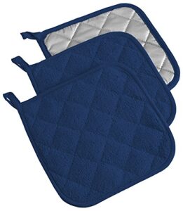 dii basic terry collection quilted 100% cotton, potholder, nautical blue, 3 piece