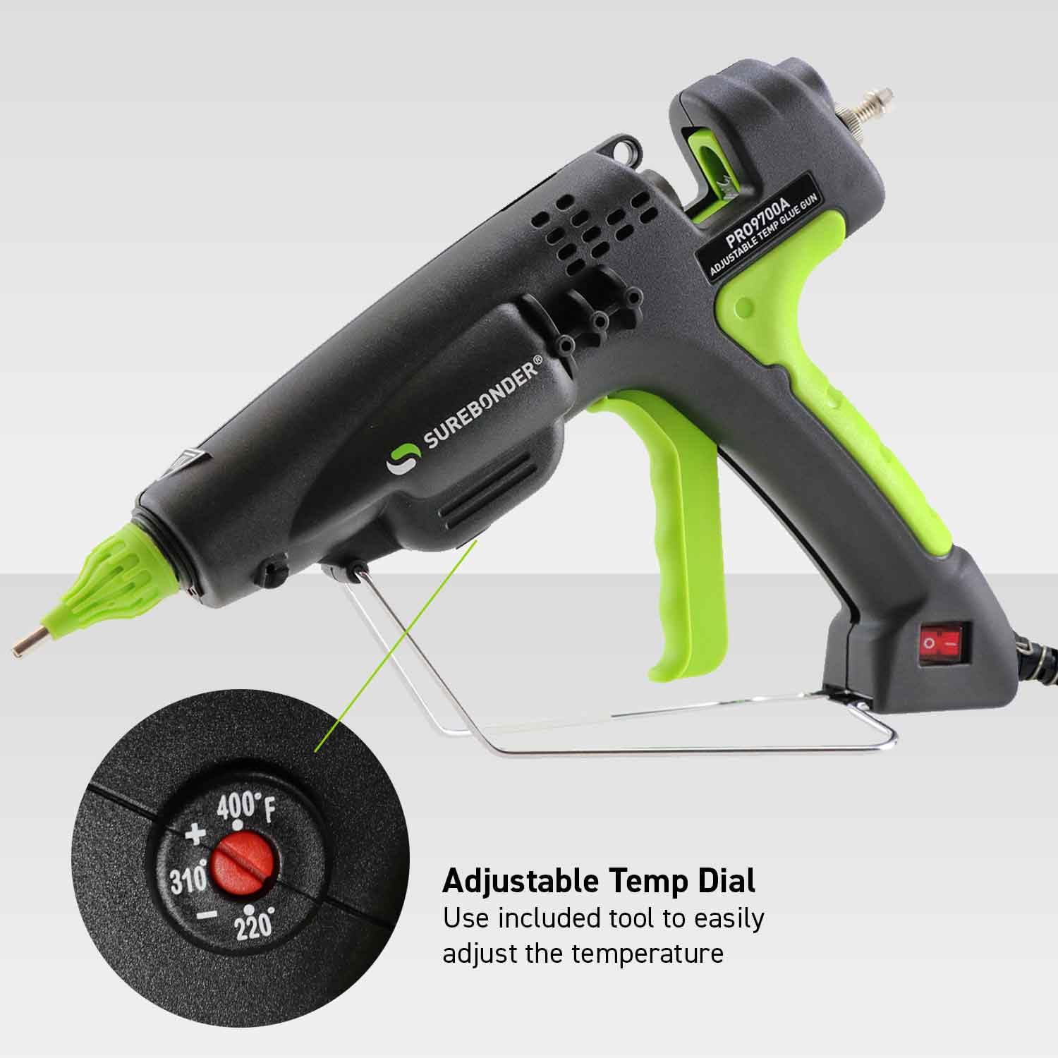 Surebonder 300 Watt Heavy Duty Hot Glue Gun, Adjusts 220F to 440F, Adjust Size of Glue Beads - Uses Full Size 7/16" Sticks, 3 Nozzle Tips Incl. (PRO9700A)