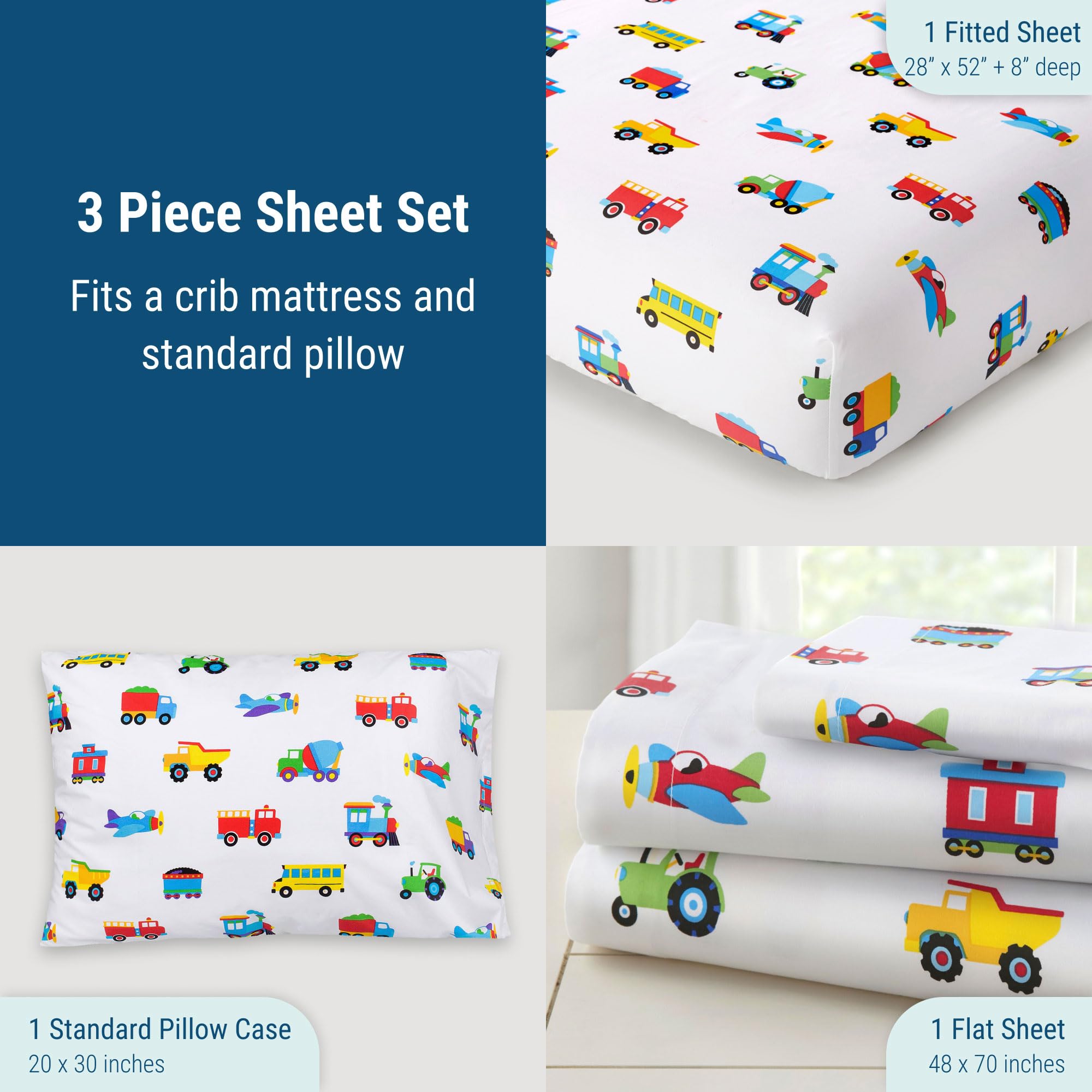 Wildkin Kids 100% Cotton Toddler Sheet Set for Boys & Girls, Bedding Set Includes Top Sheet, Fitted Sheet, Standard Pillow Case, Bed Sheet Set for Cozy Cuddles (Trains, Planes, & Trucks)