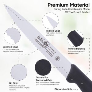 ICEL Serrated Paring Knives – Stainless Steel Kitchen Paring Knives – Small Kitchen Knives for Meal Prep – 4-inch Blade Sharp Paring Knives, White handle.