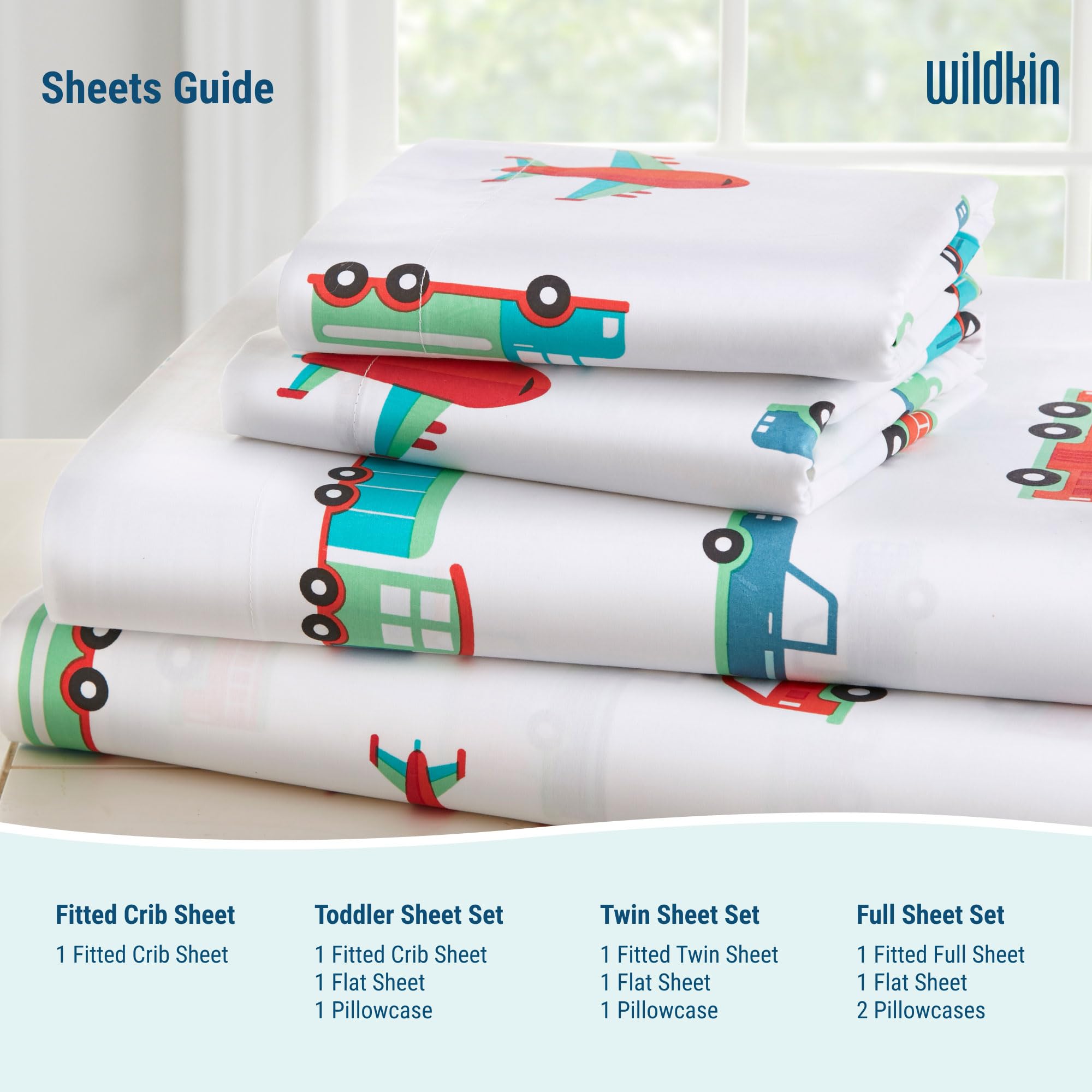 Wildkin Kids 100% Cotton Toddler Sheet Set for Boys & Girls, Bedding Set Includes Top Sheet, Fitted Sheet, Standard Pillow Case, Bed Sheet Set for Cozy Cuddles (Trains, Planes, & Trucks)