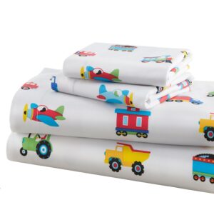 wildkin kids 100% cotton twin sheet set for boys & girls, bedding set includes top sheet, fitted sheet, and one standard pillow case, bed sheet set for cozy cuddles (trains, planes & trucks)