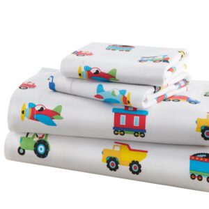 Wildkin Kids 100% Cotton Twin Sheet Set for Boys & Girls, Bedding Set Includes Top Sheet, Fitted Sheet, and One Standard Pillow Case, Bed Sheet Set for Cozy Cuddles (Trains, Planes & Trucks)