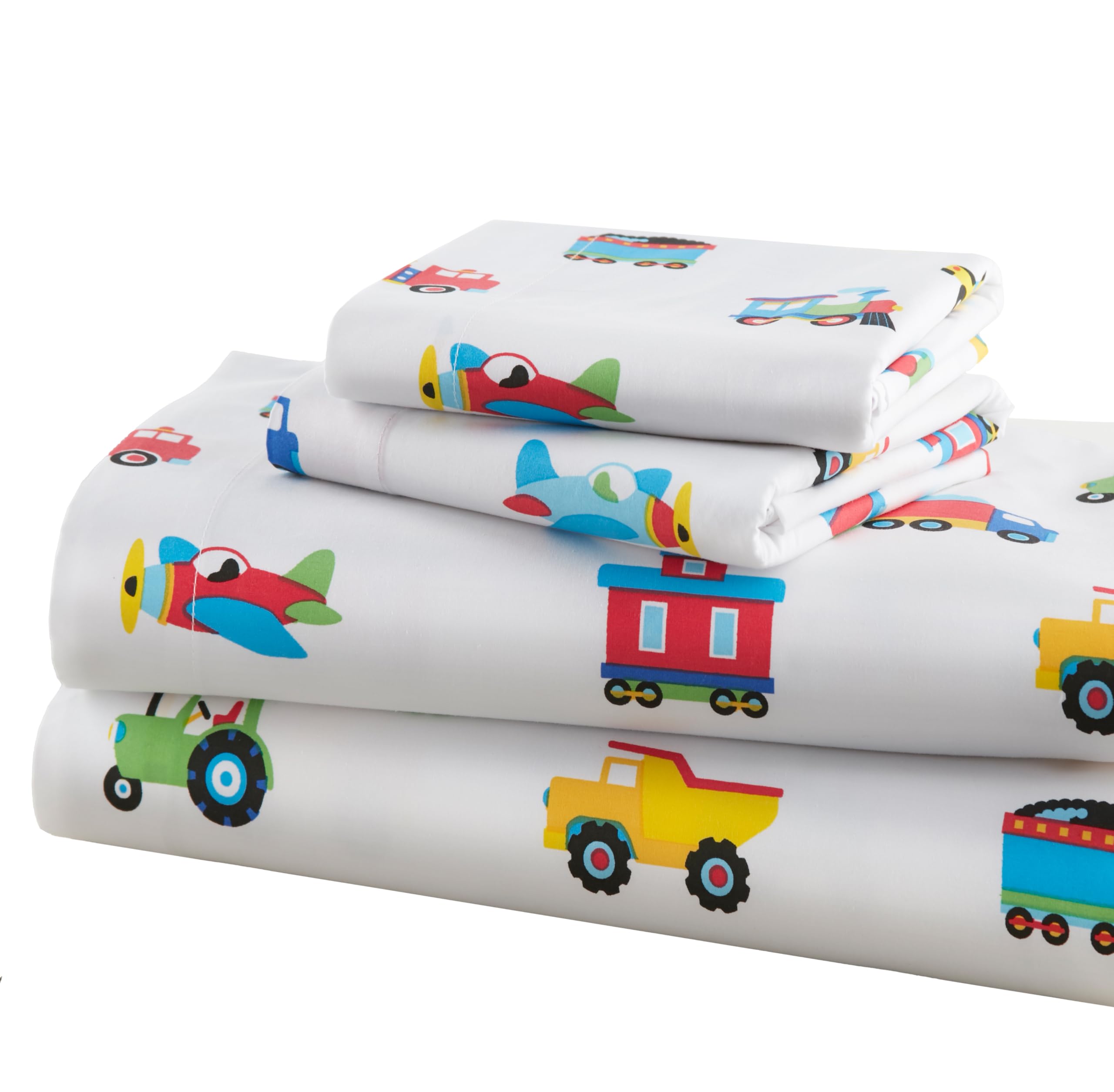 Wildkin Kids 100% Cotton Twin Sheet Set for Boys & Girls, Bedding Set Includes Top Sheet, Fitted Sheet, and One Standard Pillow Case, Bed Sheet Set for Cozy Cuddles (Trains, Planes & Trucks)