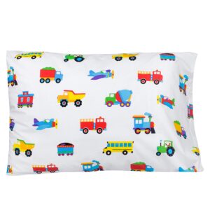 Wildkin Kids 100% Cotton Twin Sheet Set for Boys & Girls, Bedding Set Includes Top Sheet, Fitted Sheet, and One Standard Pillow Case, Bed Sheet Set for Cozy Cuddles (Trains, Planes & Trucks)