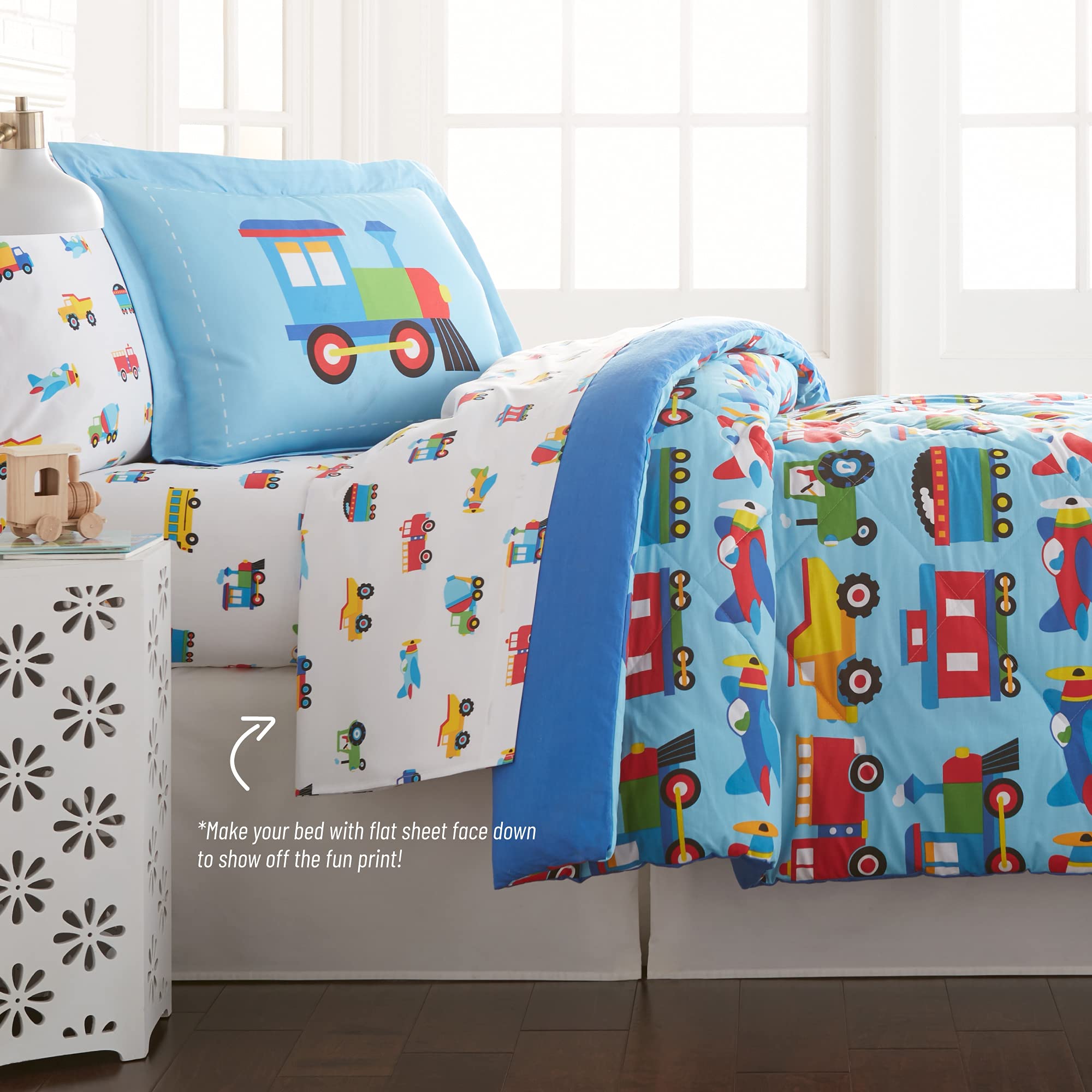 Wildkin Kids 100% Cotton Twin Sheet Set for Boys & Girls, Bedding Set Includes Top Sheet, Fitted Sheet, and One Standard Pillow Case, Bed Sheet Set for Cozy Cuddles (Trains, Planes & Trucks)