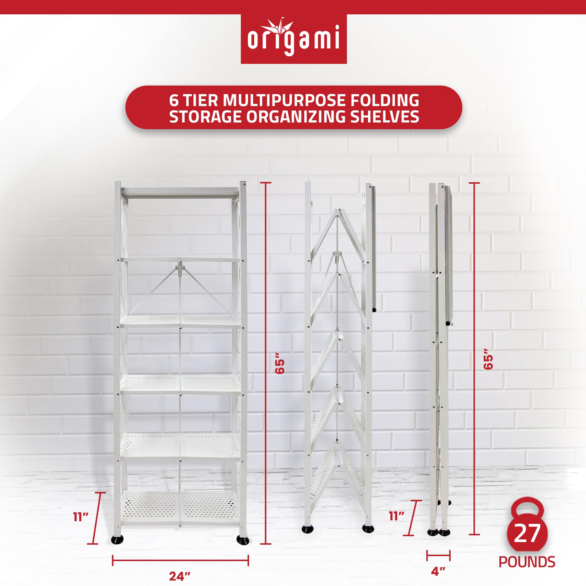 Origami 6-Tier Metal Storage Shelves with Durable Steel Frame and Easy Assembly for Home, Kitchen, and Garage Shelving, White