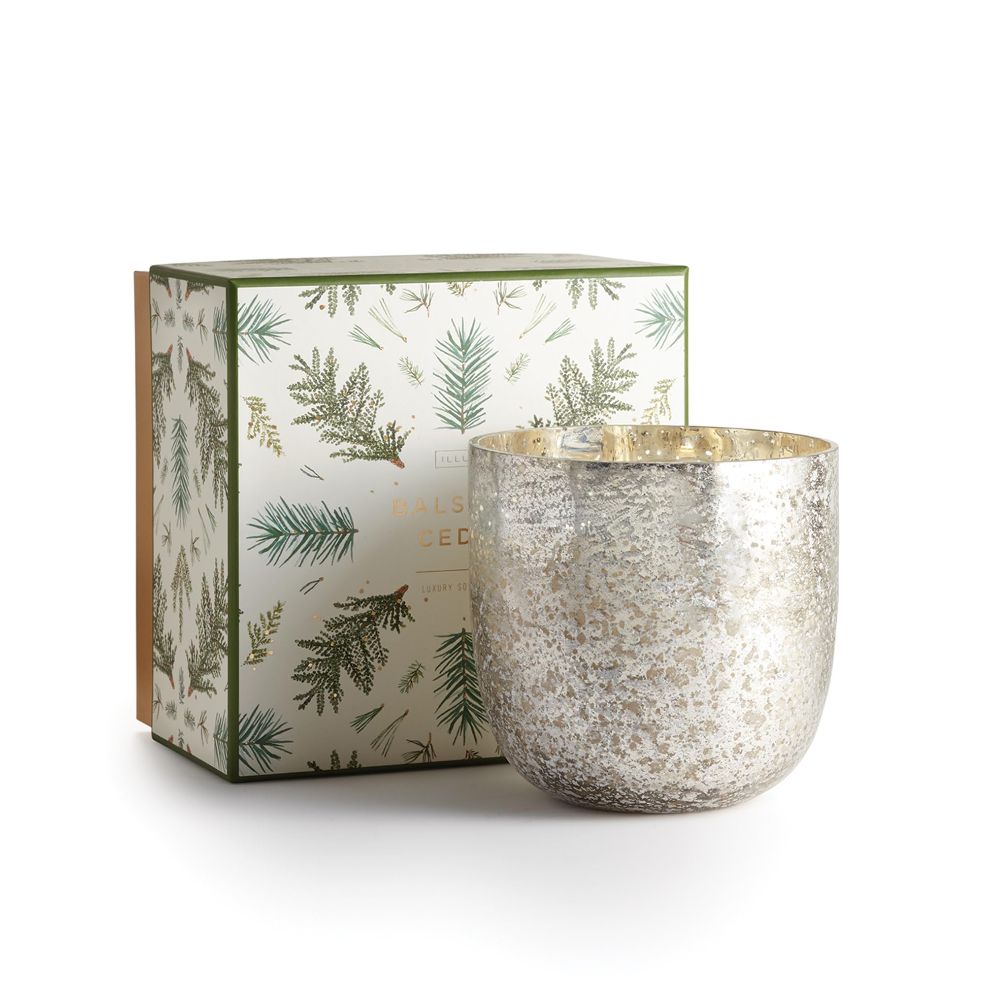 ILLUME Noble Holiday Collection Balsam & Cedar Luxe Box Sanded Mercury Glass Candle, 22 oz