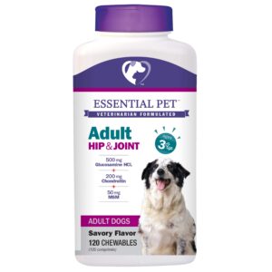 essential pet adult dog hip & joint support chewable tablet age 3+ with 500mg glucosamine and 200mg chondroitin (23038)