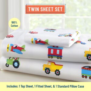 Wildkin Kids 100% Cotton Twin Sheet Set for Boys & Girls, Bedding Set Includes Top Sheet, Fitted Sheet, and One Standard Pillow Case, Bed Sheet Set for Cozy Cuddles (Trains, Planes & Trucks)