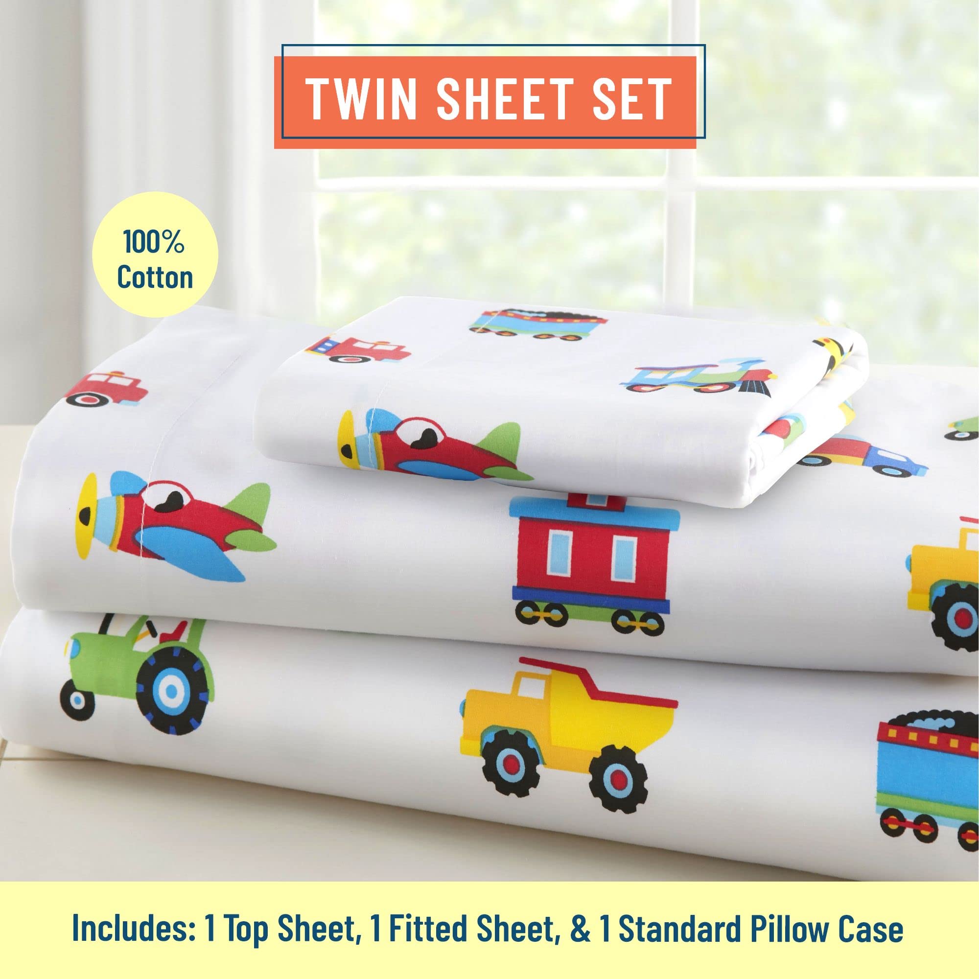 Wildkin Kids 100% Cotton Twin Sheet Set for Boys & Girls, Bedding Set Includes Top Sheet, Fitted Sheet, and One Standard Pillow Case, Bed Sheet Set for Cozy Cuddles (Trains, Planes & Trucks)