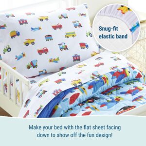 Wildkin Kids 100% Cotton Toddler Sheet Set for Boys & Girls, Bedding Set Includes Top Sheet, Fitted Sheet, Standard Pillow Case, Bed Sheet Set for Cozy Cuddles (Trains, Planes, & Trucks)