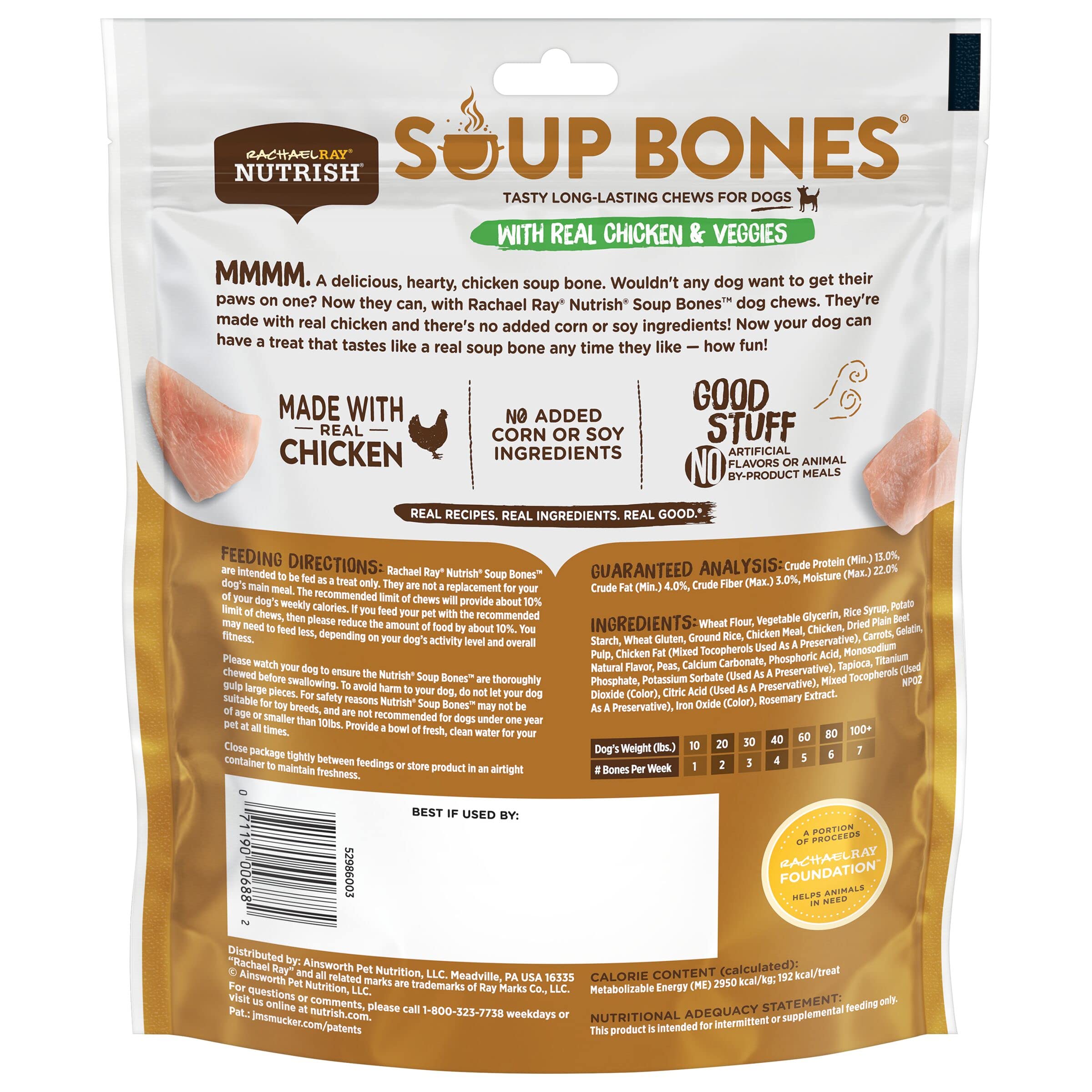 Rachael Ray Nutrish Soup Bones Dog Treats, Chicken & Veggies Flavor, 6 Bones