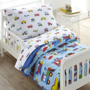 Wildkin Kids 100% Cotton Toddler Sheet Set for Boys & Girls, Bedding Set Includes Top Sheet, Fitted Sheet, Standard Pillow Case, Bed Sheet Set for Cozy Cuddles (Trains, Planes, & Trucks)