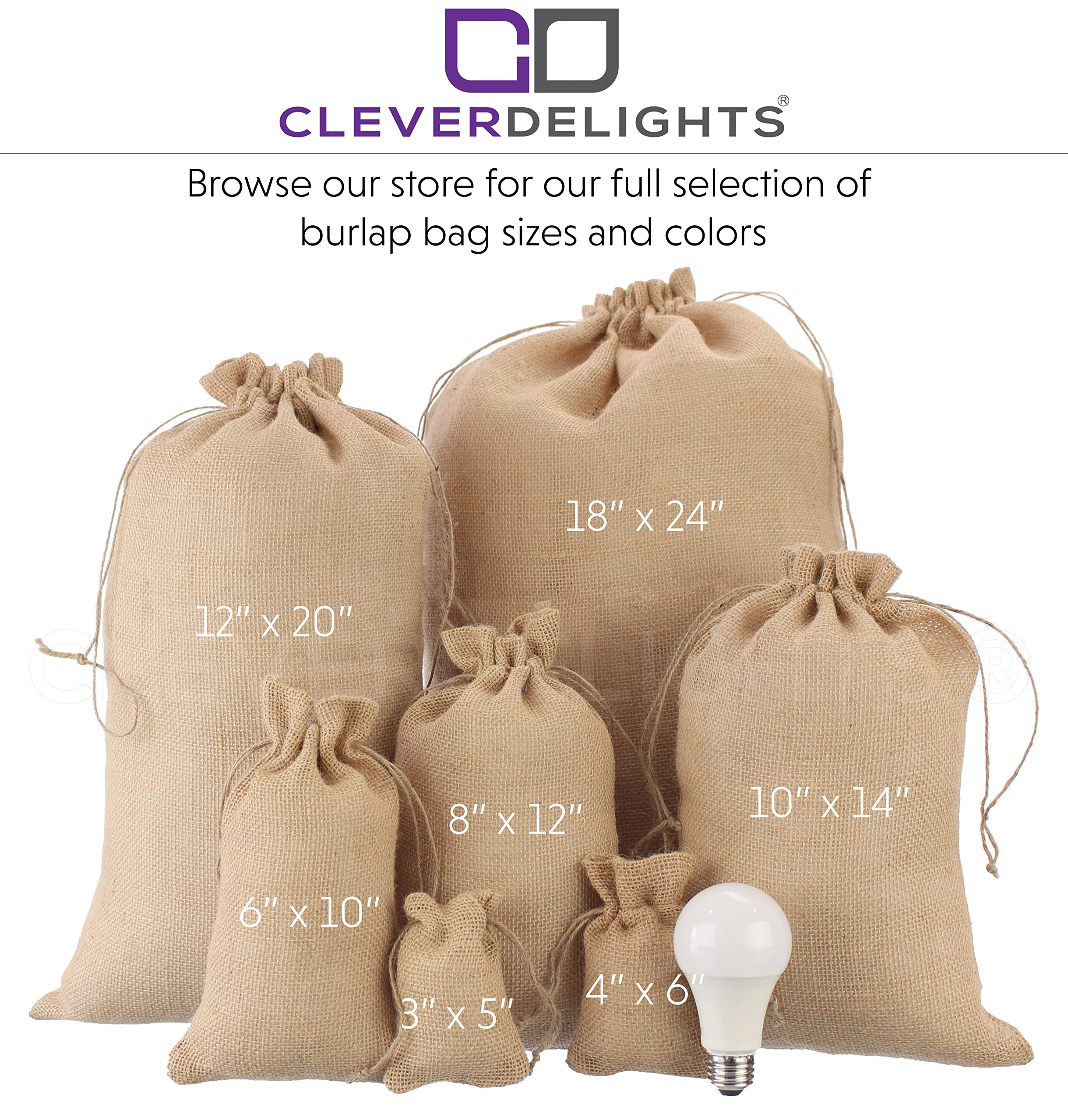 CleverDelights 12" x 20" Burlap Bags - 12 Pack - 12x20 Inch Jute Burlap Drawstring Sacks