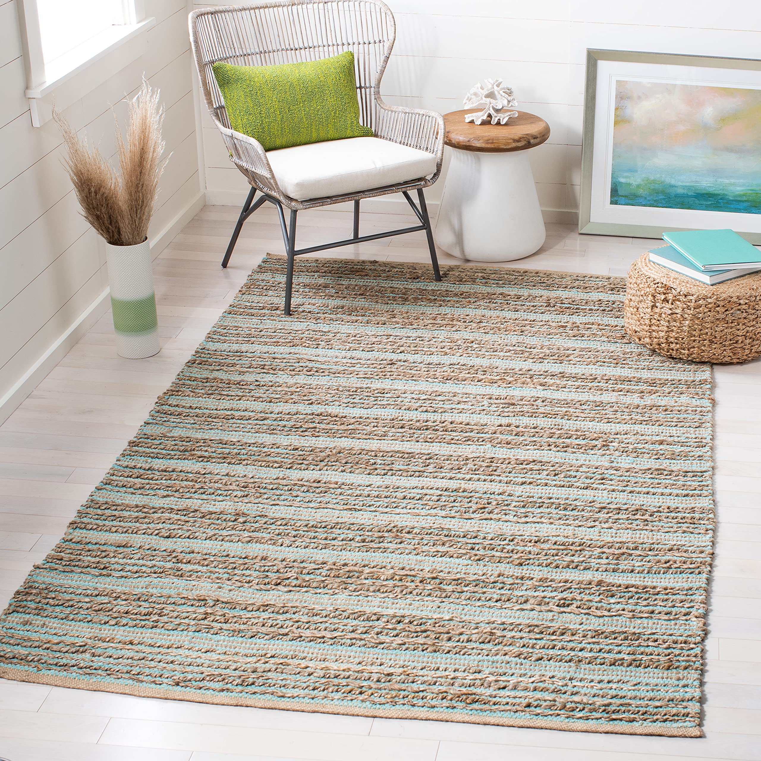 SAFAVIEH Cape Cod Collection Accent Rug - 4' x 6', Aqua, Handmade Flat Weave Jute, Ideal for High Traffic Areas in Entryway, Living Room, Bedroom (CAP851D)