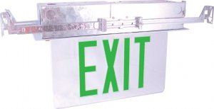 recessed ceiling mount edge lit exit sign green led battery backup -single face clear panel