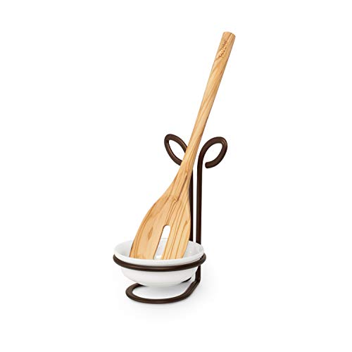 Spectrum Leaf Spoon Rest With Ceramic Dish Upright Utensil Holder for Stovetop Organization, Modern Vertical, Nature-Inspired Kitchen Décor, Bronze