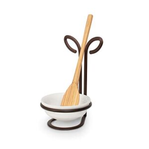 Spectrum Leaf Spoon Rest With Ceramic Dish Upright Utensil Holder for Stovetop Organization, Modern Vertical, Nature-Inspired Kitchen Décor, Bronze