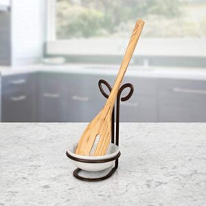 Spectrum Leaf Spoon Rest With Ceramic Dish Upright Utensil Holder for Stovetop Organization, Modern Vertical, Nature-Inspired Kitchen Décor, Bronze