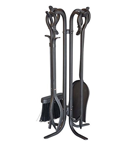 Plow & Hearth 5 Piece Hand Forged Iron Compact Fireplace Tool Set | Poker | Tongs | Shovel | Broom | Hearth Accessory| Black Finish | 10.25" x 20"H