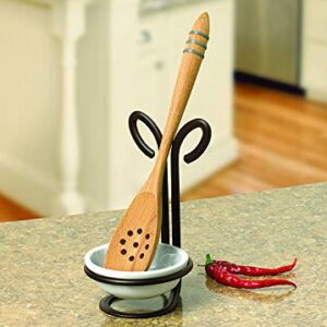 Spectrum Leaf Spoon Rest With Ceramic Dish Upright Utensil Holder for Stovetop Organization, Modern Vertical, Nature-Inspired Kitchen Décor, Bronze