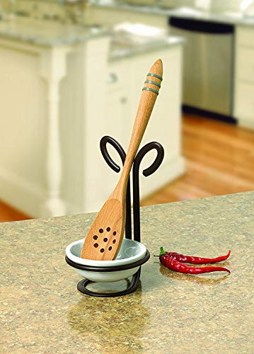 Spectrum Leaf Spoon Rest With Ceramic Dish Upright Utensil Holder for Stovetop Organization, Modern Vertical, Nature-Inspired Kitchen Décor, Bronze