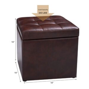 Giantex 16” Cube Ottoman Pouffe Storage Box Lounge Seat Footstools W/Hinge Top and Bottom Feet Home Living Room Bedroom Furniture Storage Ottoman 16”×16” ×16”Footrest (Red Brown)