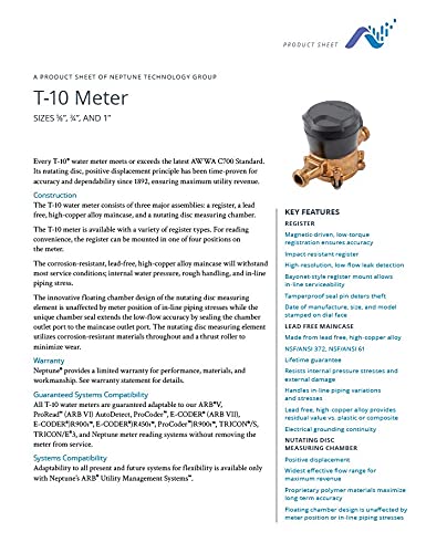 Neptune T-10 3/4" (5/8" x 3/4") Direct Read Bronze Meter with Couplings - Measuring in Cubic Feet