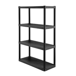 black & yellow, 4-tier medium-strength plastic storage shelving unit (black), 75lbs per shelf capacity (52.1”h x 34.8”w x 14.6”d), for indoor storage and organization