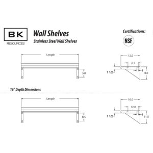 BK Resources Stainless Steel Wall Shelf, 16"x 32", 18 Gauge T-430 Steel, NSF Commercial Kitchen Food Service Use, 1.5" Backsplash, Angle Supports, BKWSE-1632