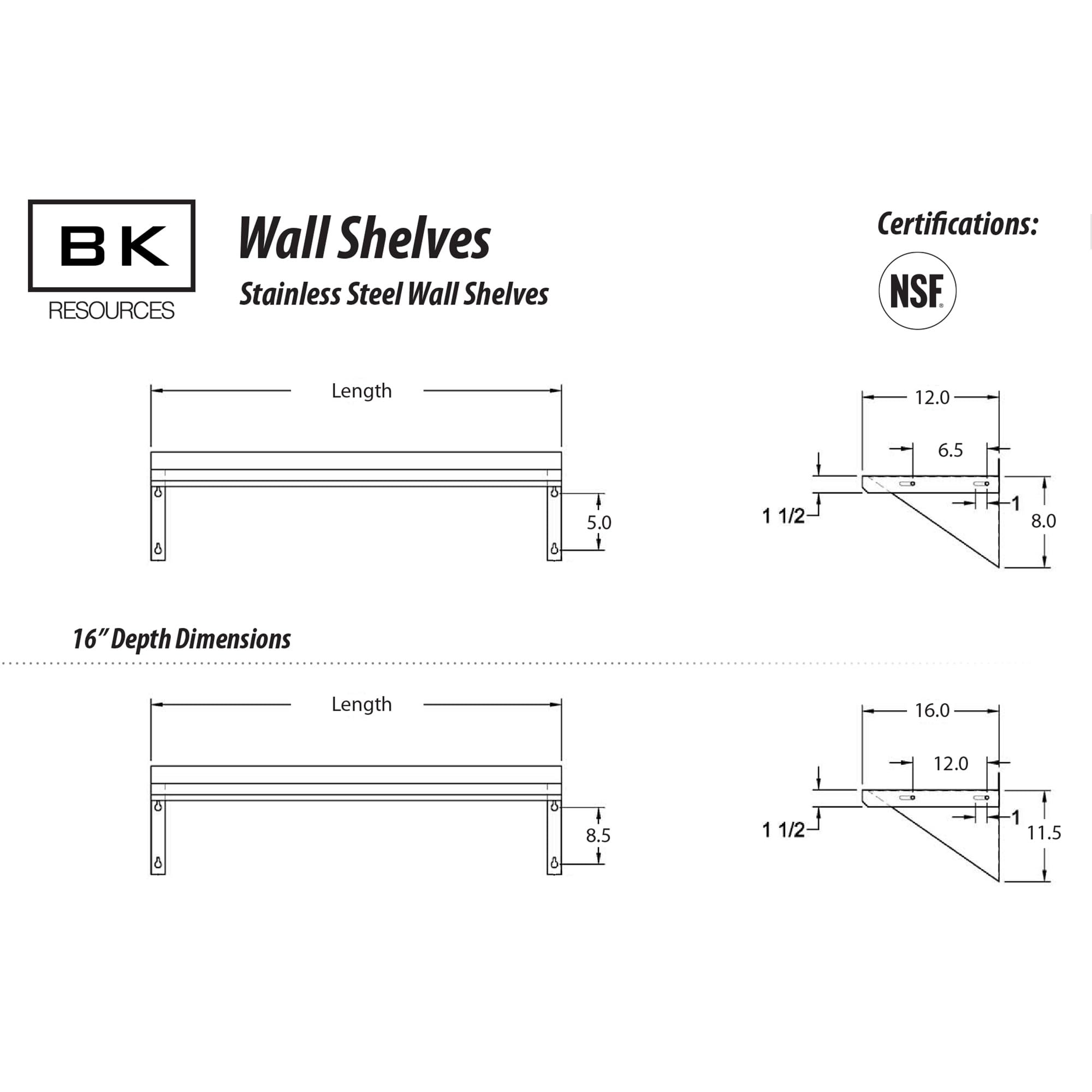 BK Resources Stainless Steel Wall Shelf, 16"x 32", 18 Gauge T-430 Steel, NSF Commercial Kitchen Food Service Use, 1.5" Backsplash, Angle Supports, BKWSE-1632