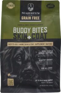 majesty's grain-free buddy bites skin and coat wafers for medium / large dogs - superior skin, coat, and immune support supplement - carob and sweet potato flavored - 56 count (up to 8 week supply)