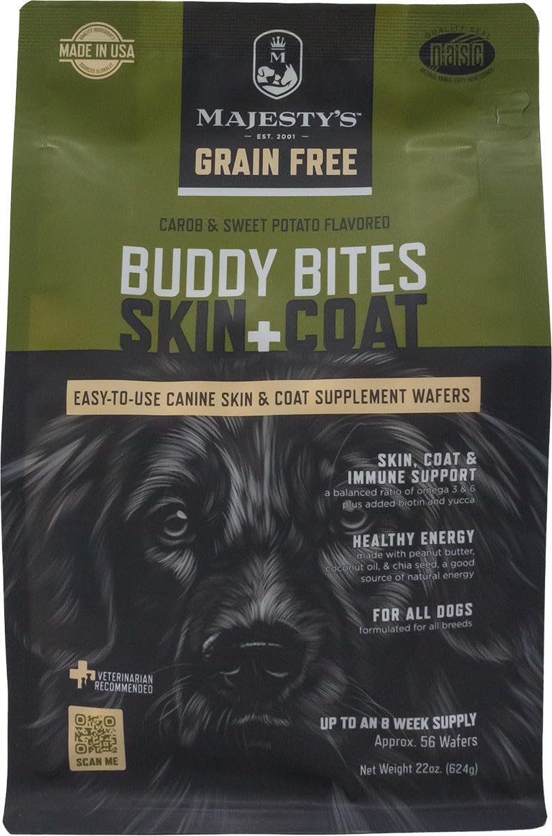 Majesty's Grain-Free Buddy Bites Skin and Coat Wafers for Medium / Large Dogs - Superior Skin, Coat, and Immune Support Supplement - Carob and Sweet Potato Flavored - 56 Count (Up To 8 Week Supply)