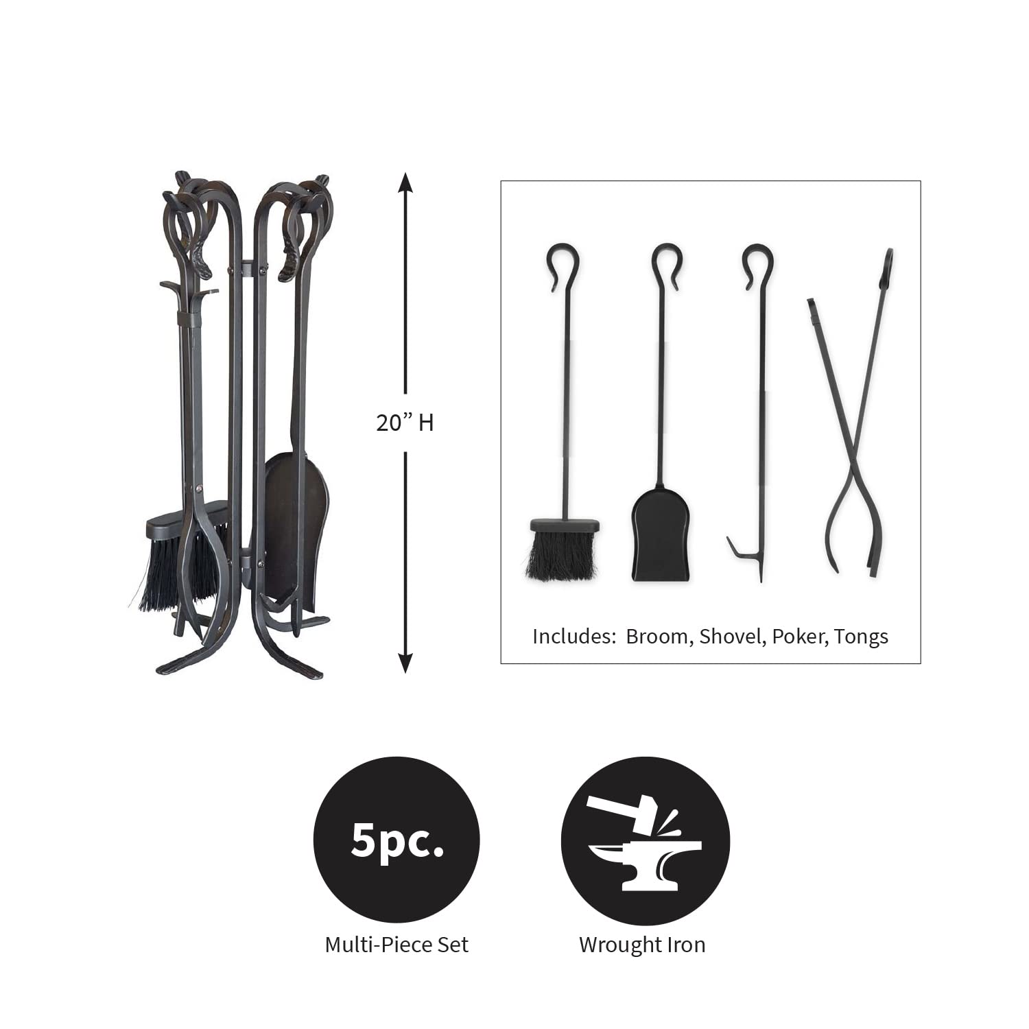 Plow & Hearth 5 Piece Hand Forged Iron Compact Fireplace Tool Set | Poker | Tongs | Shovel | Broom | Hearth Accessory| Black Finish | 10.25" x 20"H