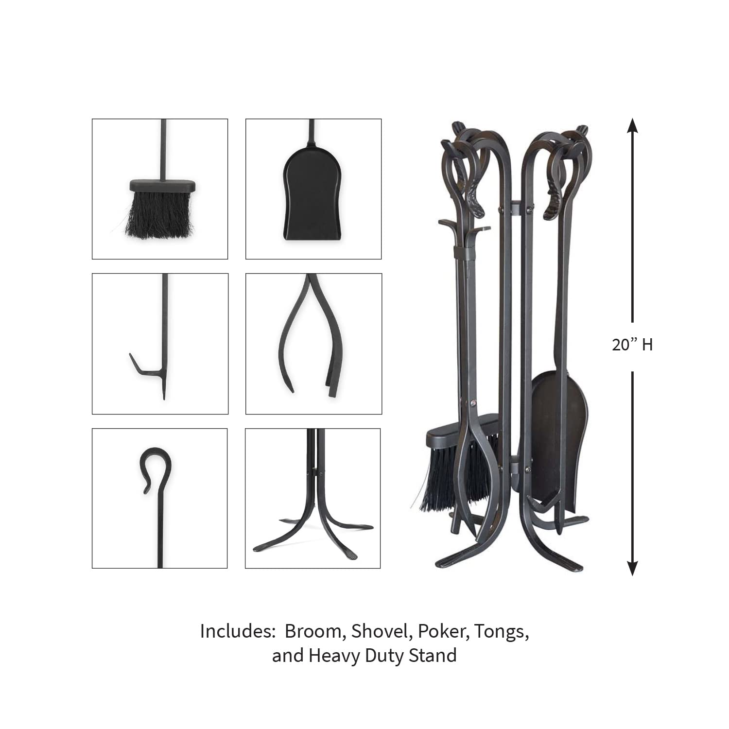 Plow & Hearth 5 Piece Hand Forged Iron Compact Fireplace Tool Set | Poker | Tongs | Shovel | Broom | Hearth Accessory| Black Finish | 10.25" x 20"H